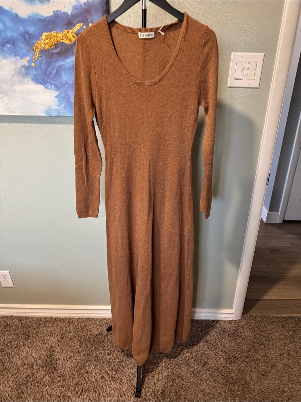 Long-Sleeve Knit Maxi Dress in Camel Brown